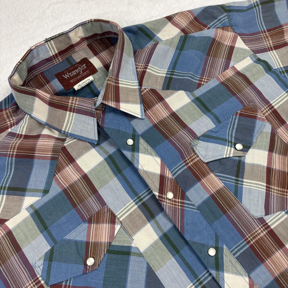 Wrangler Shirt Mens 2XL Big Tall Blue Plaid Short Sleeve Button-Up Relaxed